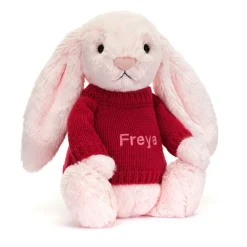 Bashful Pink Bunny with Personalised Red Jumper