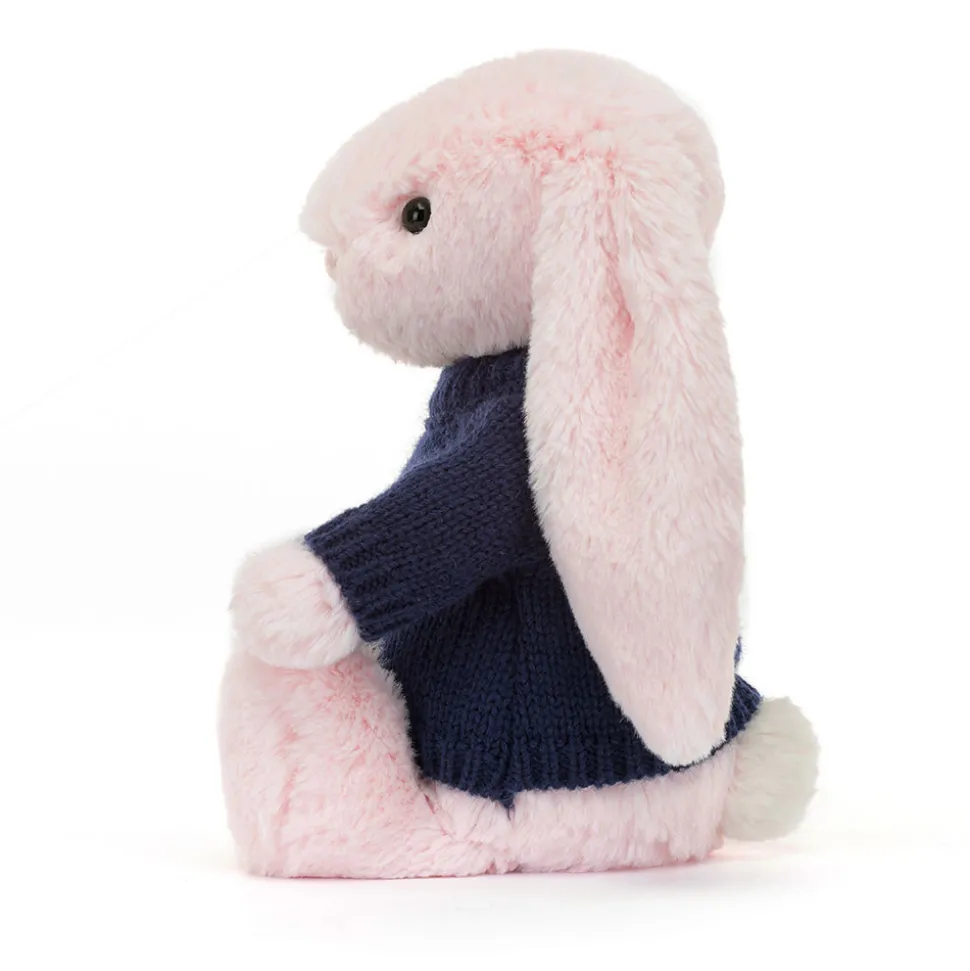 Bashful Pink Bunny with Personalised Navy Jumper